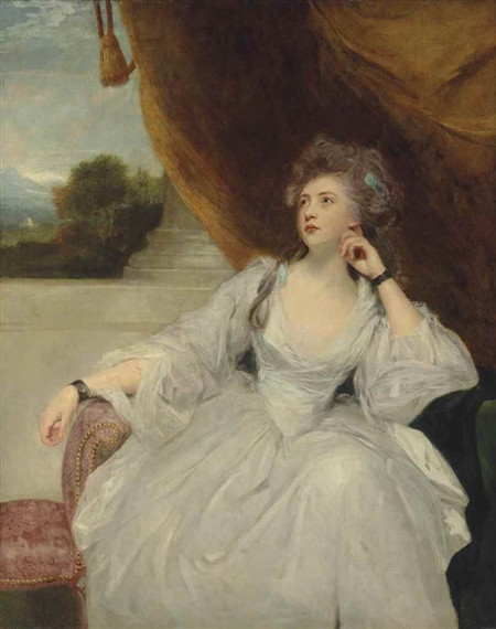 Portrait of Elizabeth Falconer, Mrs. Stanhope, as Contemplation, three-quarter-length, in a white satin dress, before a draped curtain by Sir Joshua Reynolds