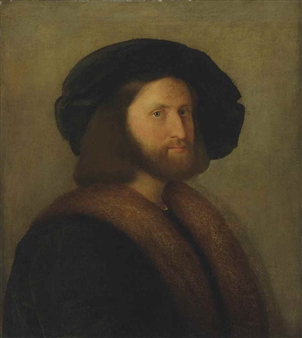 Portrait of Venetian gentleman, half-length, in a black, fur-trimmed cloak and a black cap - Jacopo Palma il Vecchio