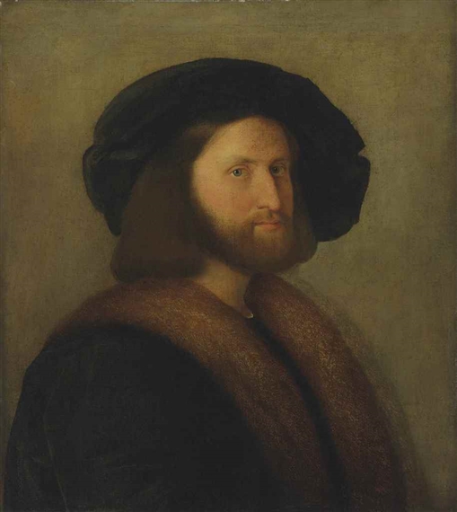 Portrait of Venetian gentleman, half-length, in a black, fur-trimmed cloak and a black cap by Jacopo Palma il Vecchio
