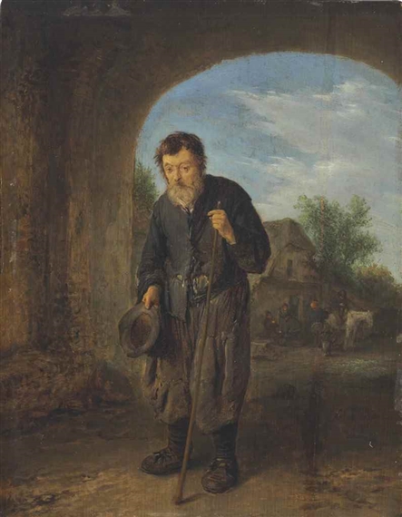 A mendicant with a walking stick under an archway, travellers by an inn beyond by Adriaen van Ostade