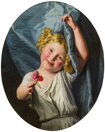 Girl lifting up a curtain and offering roses by Ferdinand Georg Waldmüller, 1855