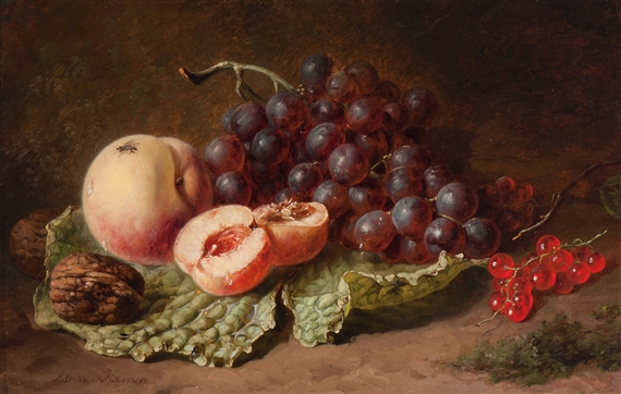 Still life of fruit with grapes, peaches and red berries by Adriana Johanna Haanen