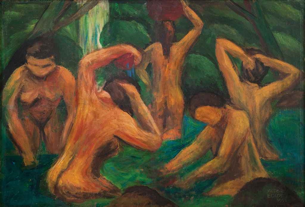 Women Bathing by a Waterfall by Victorio Edades, 1953