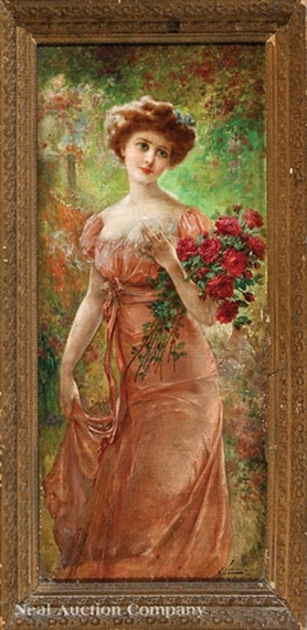 Young Beauty with a Bouquet of Roses by Émile Vernon, 1908