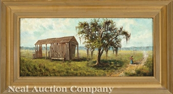 Woman with a Basket by the Old Barn and Live Oak Tree - Helena Maas