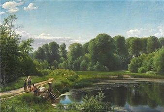 Summer landscape with three boys on a fishing trip - Peter Christian Thamsen Skovgaard