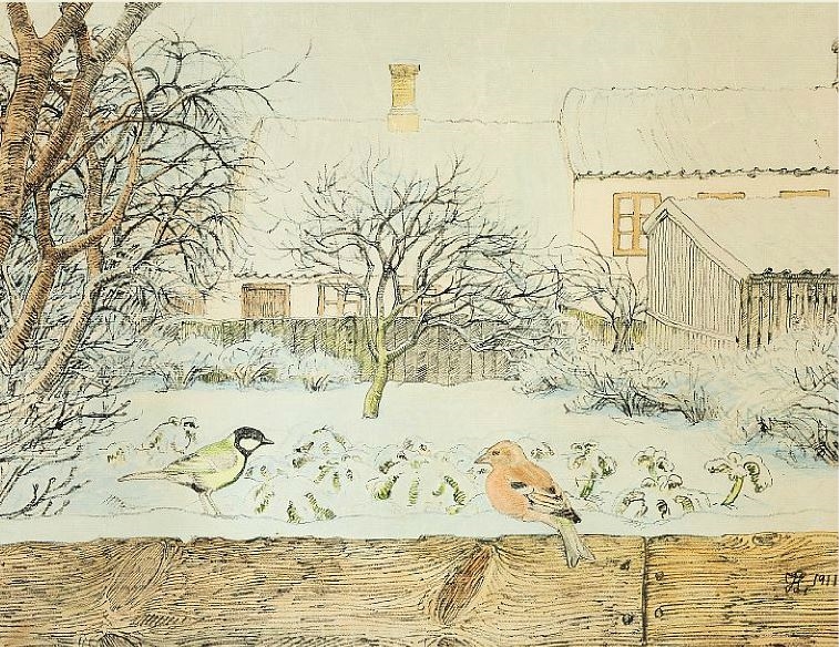 Winter in Kerteminde with great titmouse and chaffinch by Johannes Larsen, 1911
