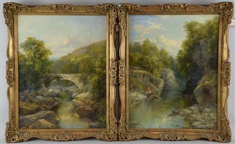 A pair of ornate frames containing landscape paintings of a river scene with a bridge.