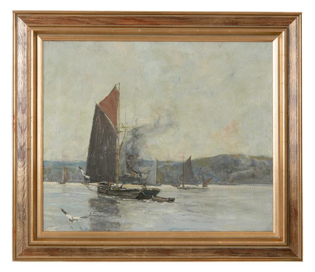 Artwork by James Kay, BARGES IN THE CLYDE, Made of oil on canvas