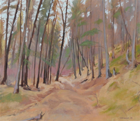 A serene forest scene with a winding path through tall trees.