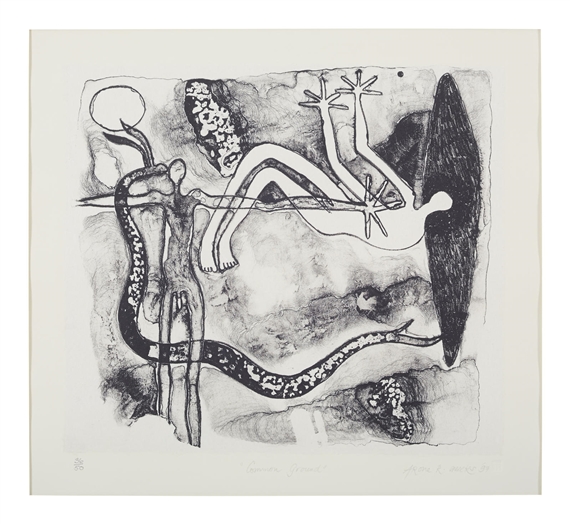 A surreal black-and-white print featuring a reclining figure, a standing figure with a snake-like form, and abstract organic shapes against a textured background.