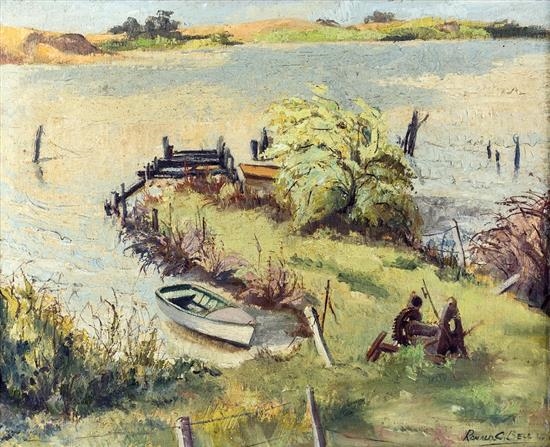 Boat moored on the estuary by Ronald Bell, 1951