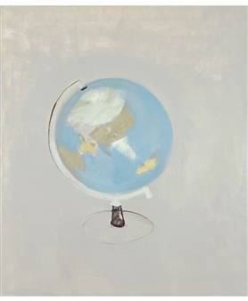 A whimsical painting of a small black cat standing on the base of a globe.