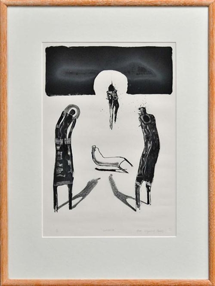 A black-and-white print depicting three shadowy figures and a reclining figure against a dark, arched background.