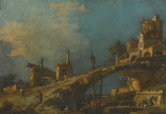 A CAPRICCIO OF A BRIDGE LEADING TO A FORTRESS BY THE VENETIAN LAGOON by Canaletto