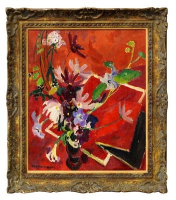 Artwork by Mildred Bendall, Still Life on Red, Made of Oil on canvas