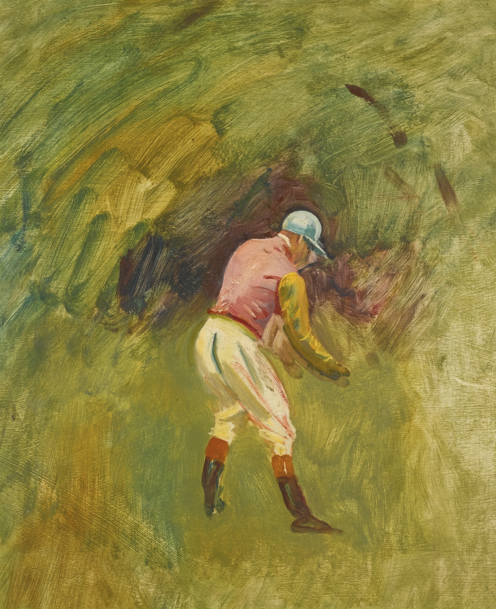 Artwork by Sir Alfred James Munnings, STUDY OF A JOCKEY, UNSADDLING POSE-STANLEY WOONTON'S COLOURS, Made of oil on board