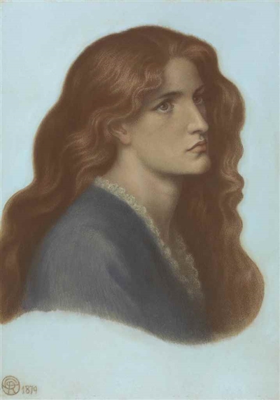Portrait of Edith Williams, later Lady Griffith-Boscawen, bust-length in profile to the right with her hair flowing over her shoulders by Dante Gabriel Rossetti, 1879