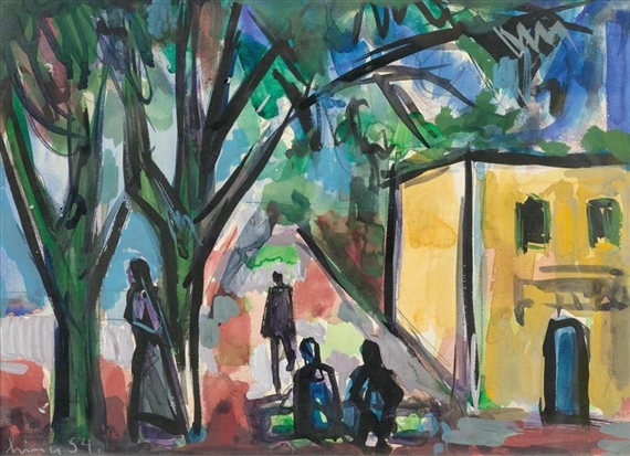 Street scene with a yellow house by Carl Walter Liner, 1954