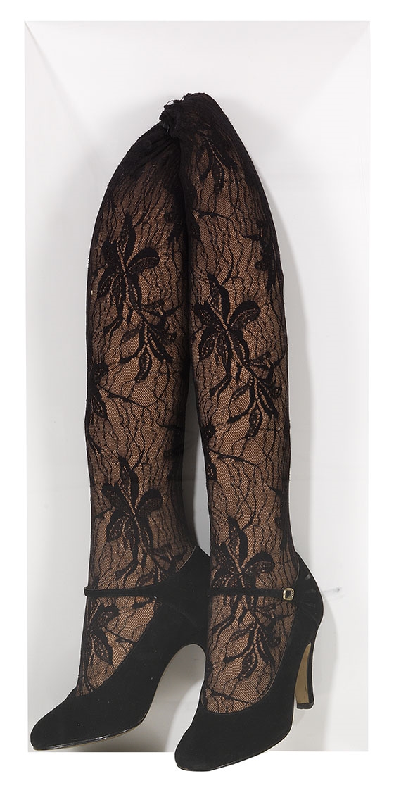 Artwork by Markus Schinwald, Beine, Made of Object. Women's shoes, pantyhose