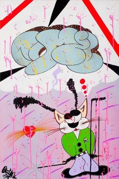 Artwork by John Calabro, Pimpin No More, Made of spray paint and marker on canvas