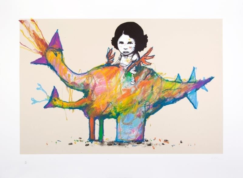Artwork by Da Mental Vaporz, Poulet – dinosaure, Made of hand finished silkscreen with pastel and crayon