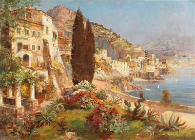 A sun-drenched coastal village scene featuring terraced buildings, a tall cypress tree, and vibrant foreground flowers overlooking the sea.
