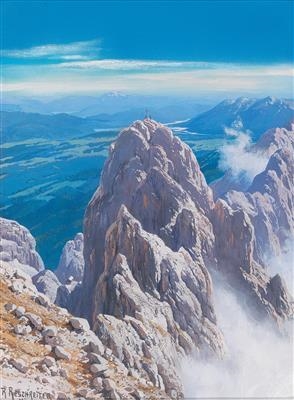 View of the Dreitorspitze in the Wetterstein with the panorama of Walchensee and the Benediktenwand through to the Isartal by Rudolf Reschreiter