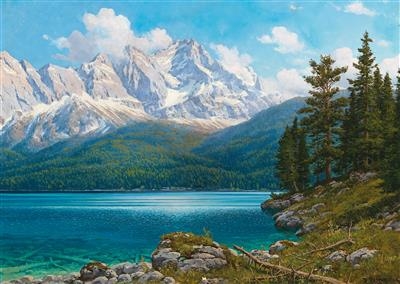 Artwork by Rudolf Reschreiter, View over the Eibsee to the Zugspitze, Made of oil on board