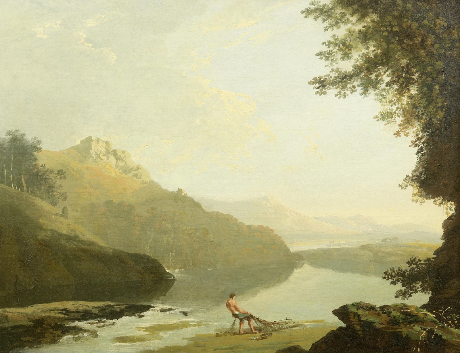 A Mountainous River Landscape with a Fisherman Hauling in His Nets by William Hodges