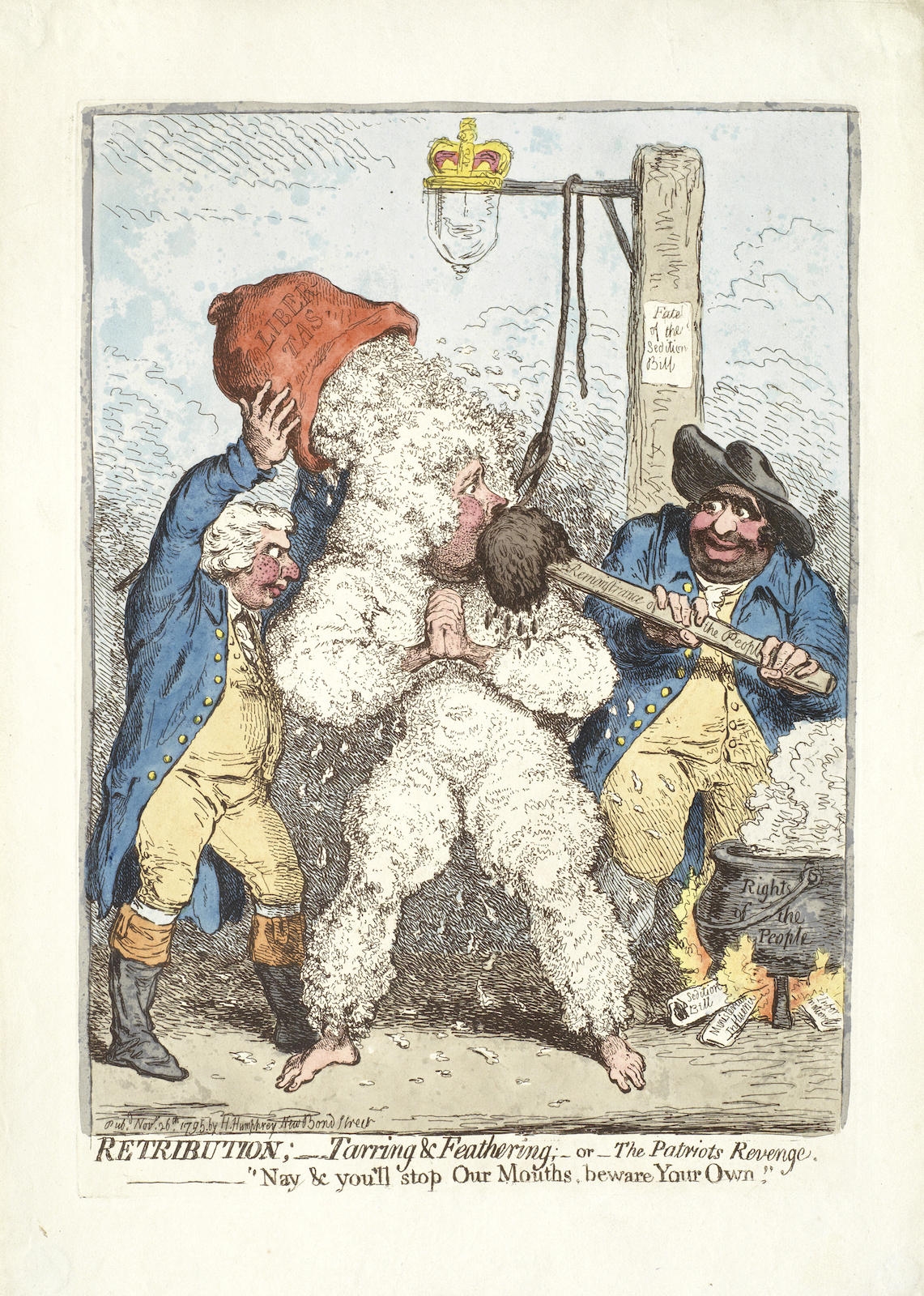 Artwork by James Gillray, Retribution; Tarring & Feathering; or the Patriot's Revenge, Made of Etching with hand colouring