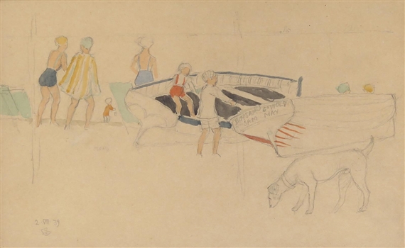 Beached boats, bathers and dog by Joseph Edward Southall, 1939