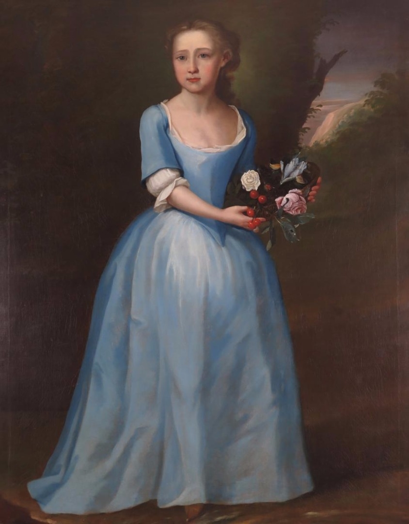 British School, 18th Century | Portrait of a girl wearing blue, holding ...