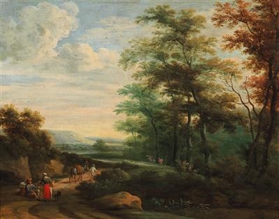 Artwork by Martinus de la Court, A forest landscape with a resting couple and further figures, Made of oil on canvas