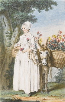 A Milkmaid and a Donkey Carrying Two Large Baskets of Flowers in a Wood by Louis Carrogis