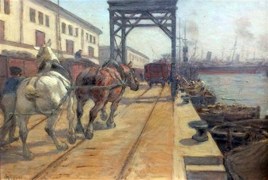 Harbour scene with horses hauling wagons by Alessandro Viazzi
