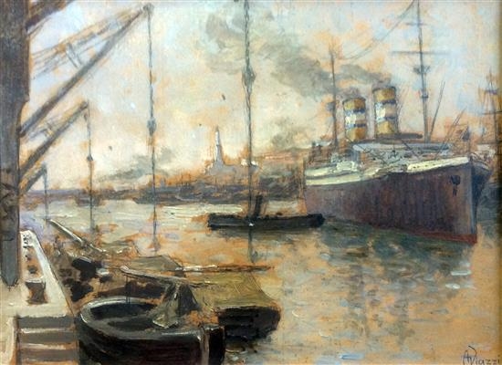 Port scene with steam ship and barges in the foreground by Alessandro Viazzi