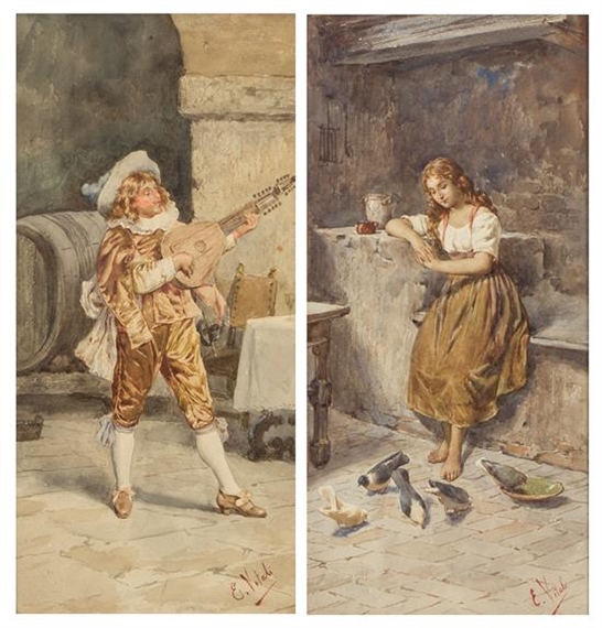 2 Works: A Peasant Woman, The Musician by Edouardo Vitali