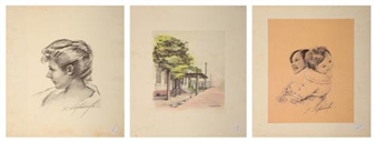 3 Works: Woman & Child, Head of a Woman, & Japanese Street Scene - S. Sakamoto