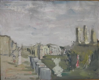 An atmospheric landscape painting depicting a distant town under an expansive sky.