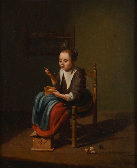 Portrait of a young lady, seated eating from a bowl by Hendrick Verschuring, 1667