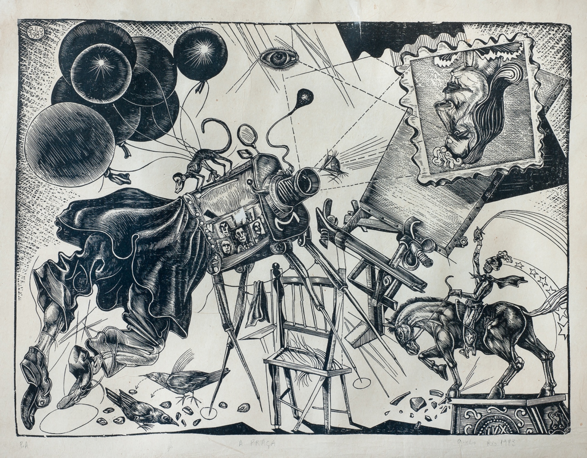 Artwork by Rubem Grilo, 3 Works: A Praca, A Beira da Piscina, Jaula de Macacos, Made of Woodcuts on papers