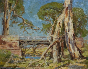 A landscape painting of a bridge nestled among trees with visible brushstrokes.
