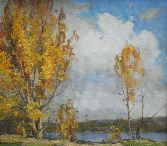 A landscape painting of autumn trees by a lake under a cloudy sky.