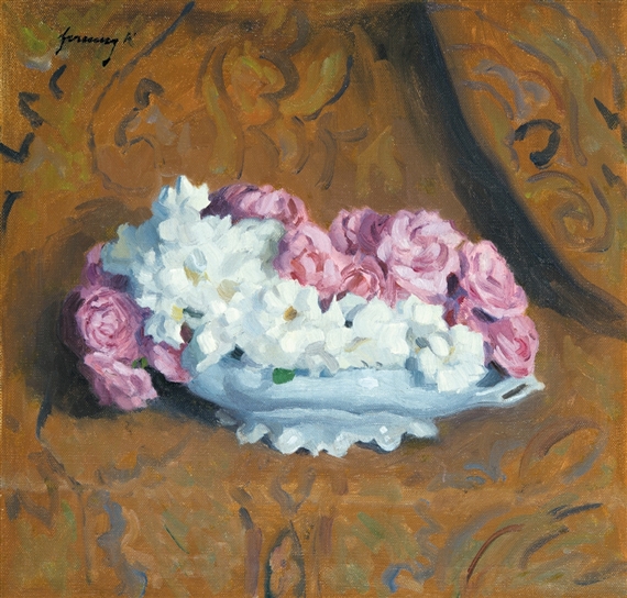 Pink and white roses in a bowl by Károly Ferenczy, 1911