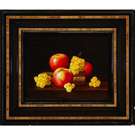 APPLES, GRAPES AND BOOKS ON A LEDGE by Jean-Claude Chauray