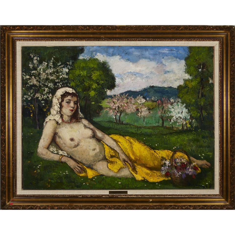 Artwork by Viktor Belanyi, NUDE LOUNGING IN A PARKLAND, Made of oil on canvas