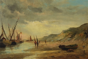 Fishing on the beach, shore view with anchored fishing boats and people, in the right foreground rowboat - Michel Thomas Antonius van Cuyck