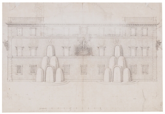 A detailed architectural sketch of a symmetrical building facade featuring two prominent curved water features.