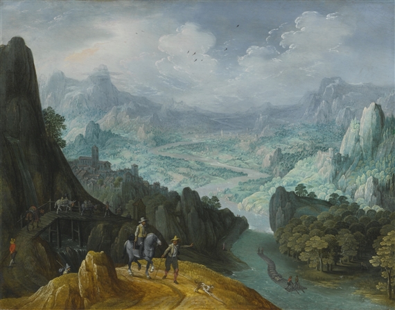 MOUNTAINOUS RIVER LANDSCAPE WITH TRAVELERS by Tobias Verhaecht